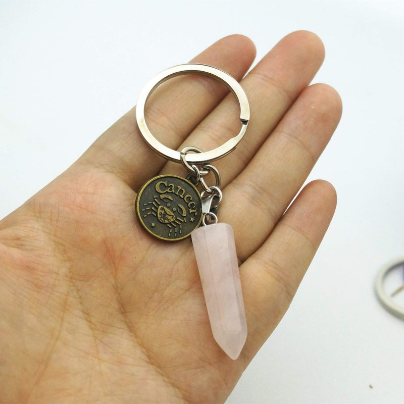 ZUOPIPI Zodiac Crystal Stone Keychain Natural Rose Stone/Red Agate/Aventurine Healing Crystal Keychain (Cancer) - Image 4